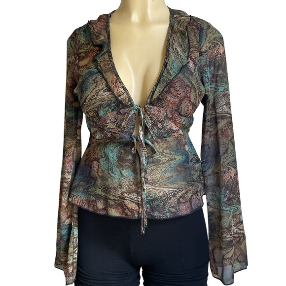 Wild Fable Boho Sheer Mesh Tie-Front Long Sleeve Blouse XS - Picture 1 of 5